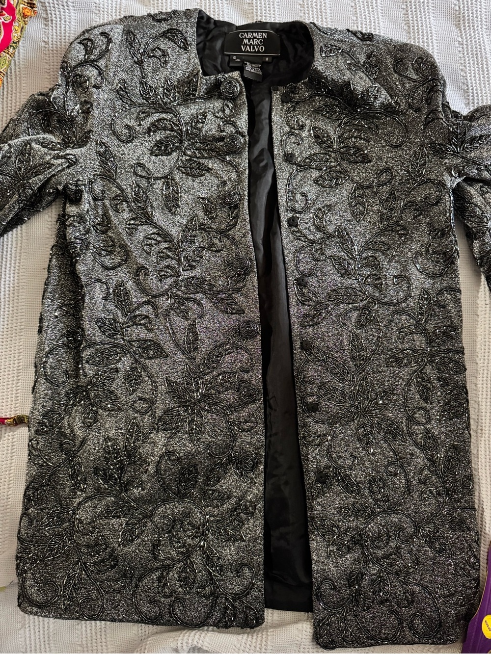 Carmen Marc Valvo Silver and Black Embroidered Evening Coat